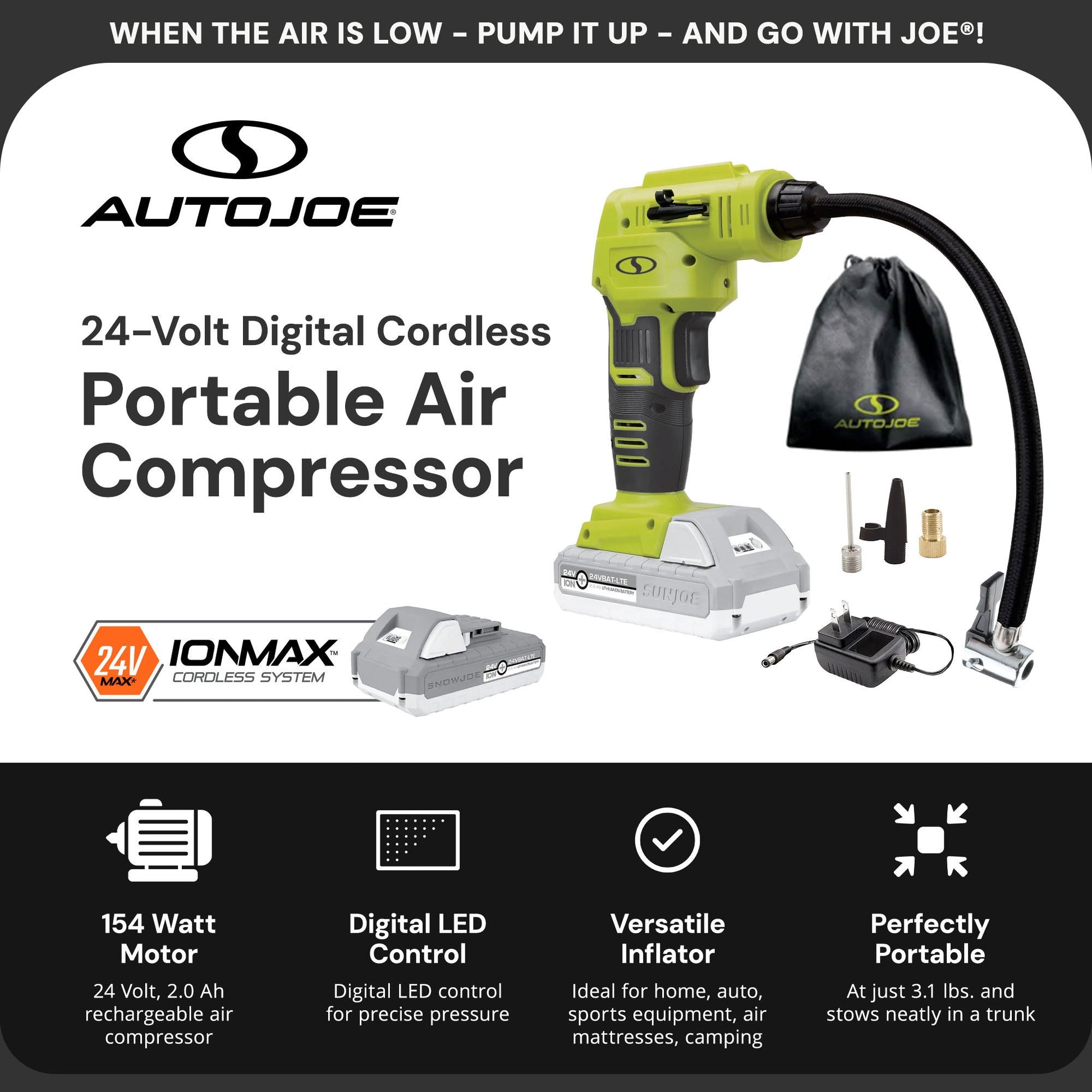 Sun Joe Auto Joe Portable Air Compressor Cordless Tire Inflate Pump, 24V-AJC-LTE — image 2