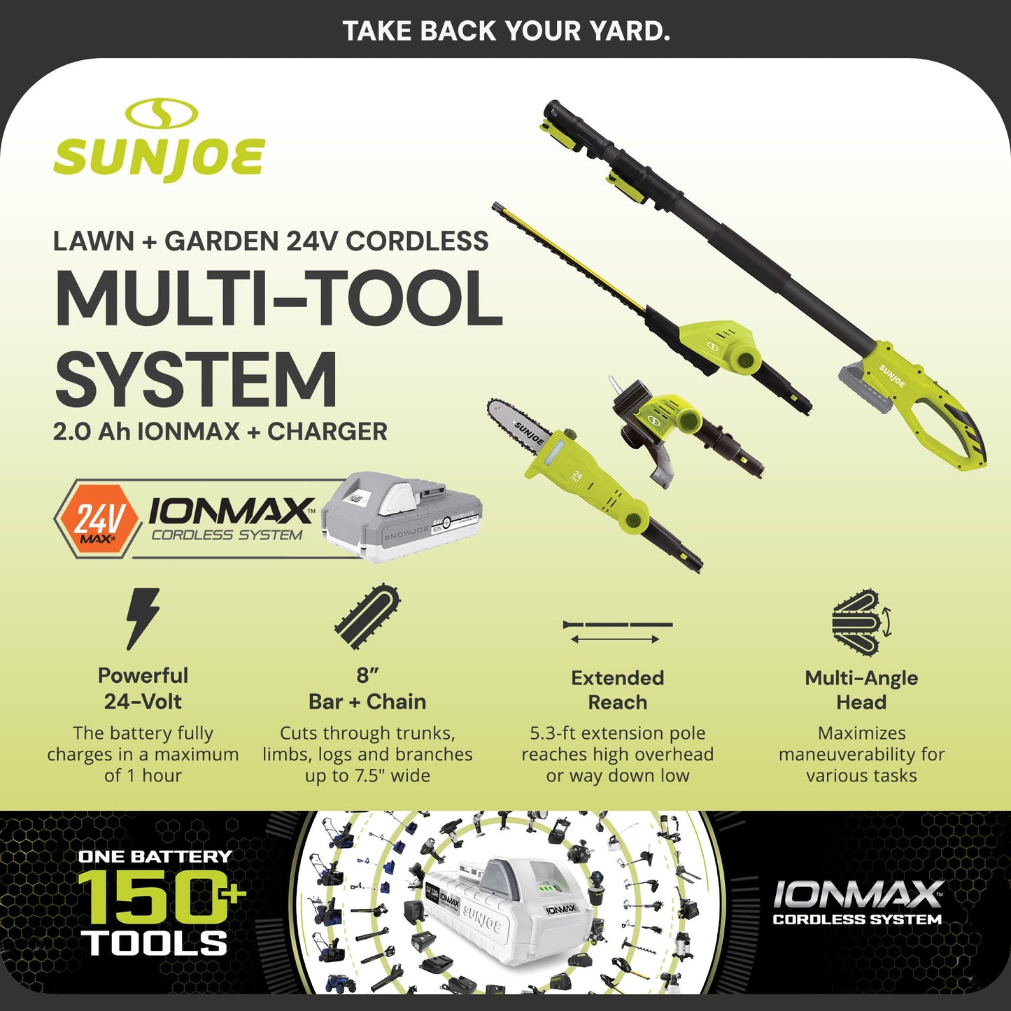 Sun Joe IONMAX Cordless Lawn Care System, Grass and Hedge Trimmer with Pole Saw — image 2