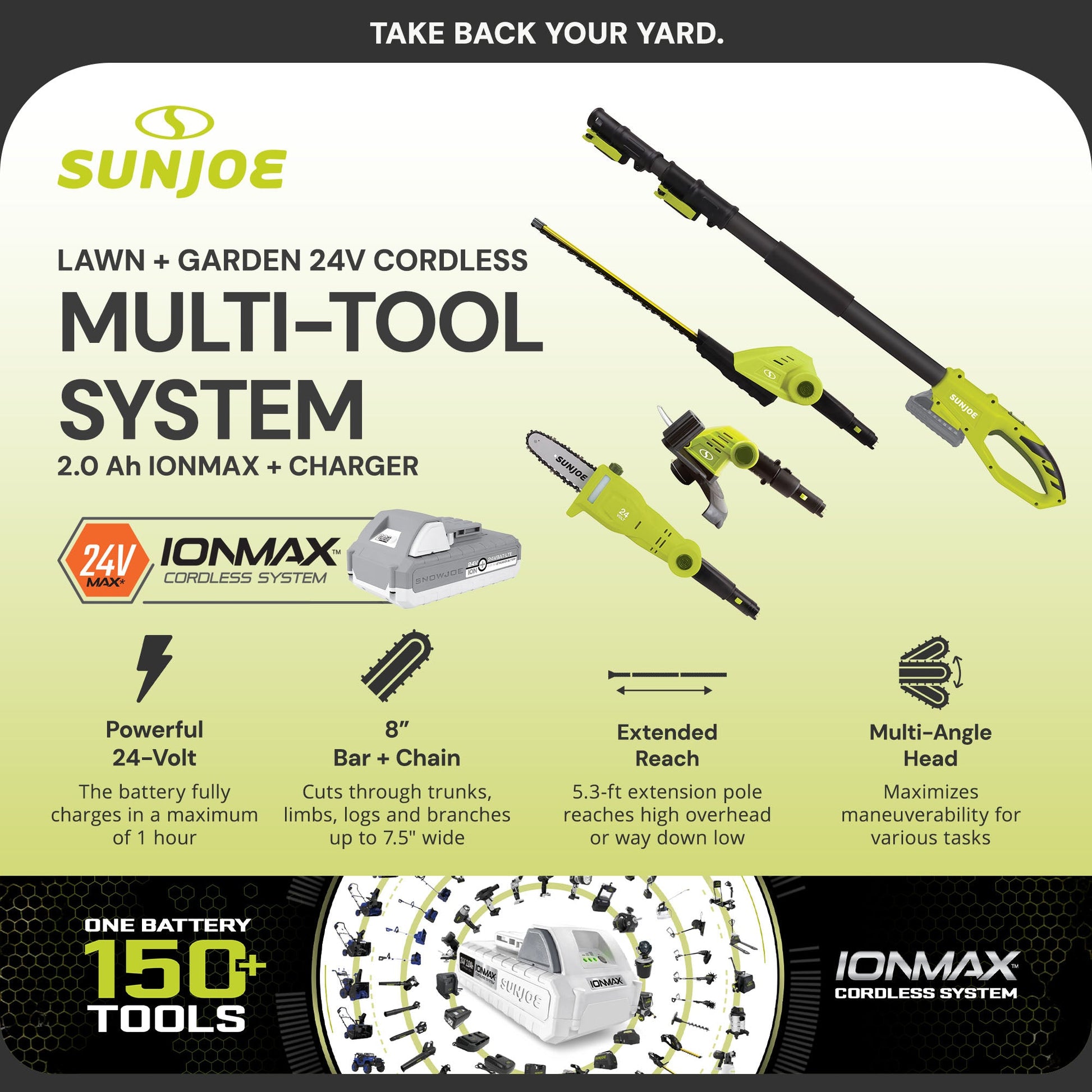 Sun Joe IONMAX Cordless Lawn Care System, Grass and Hedge Trimmer with Pole Saw — image 2