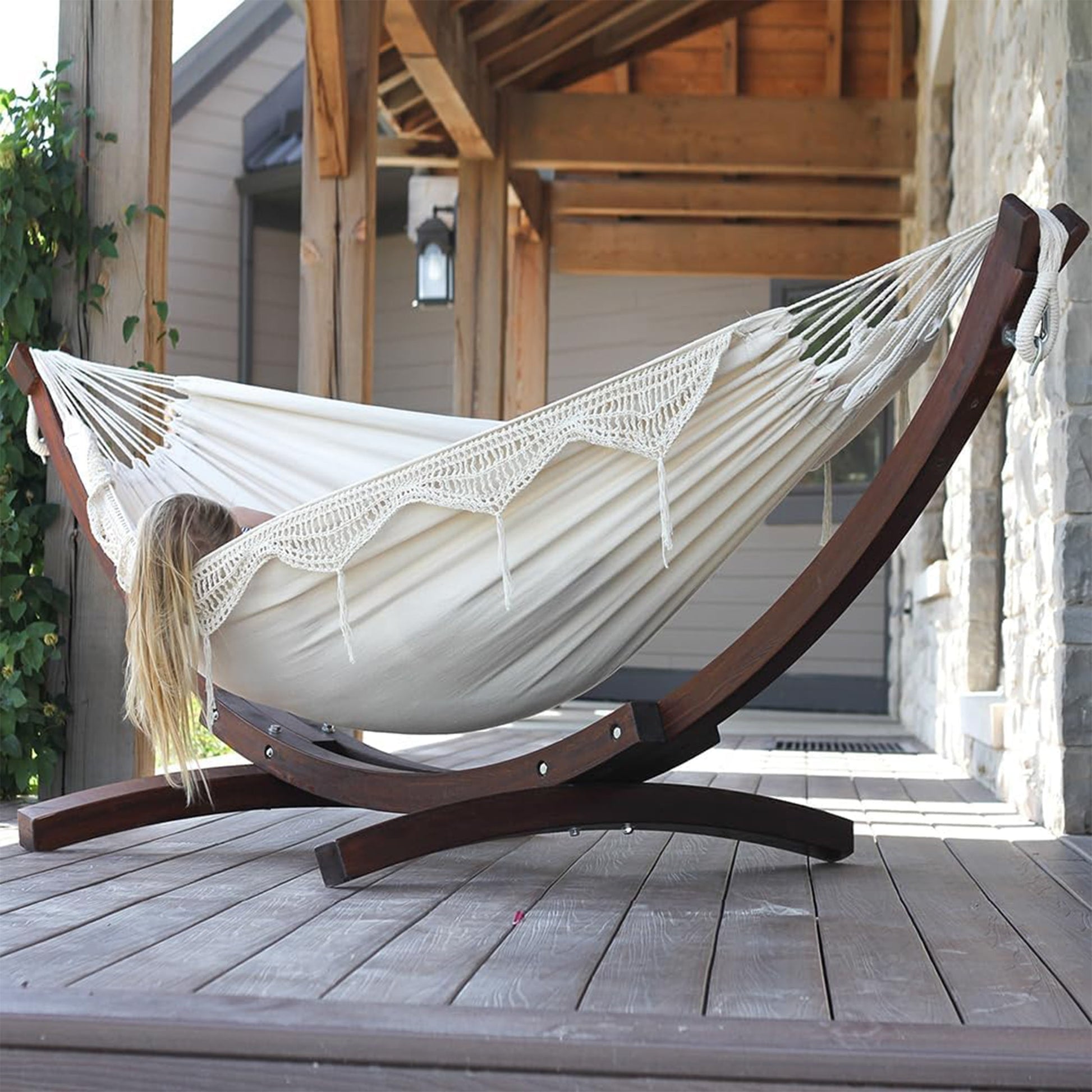 Vivere Double Cotton Hammock, Comfortable Daybed with Wood Frame, 8', Natural — image 3