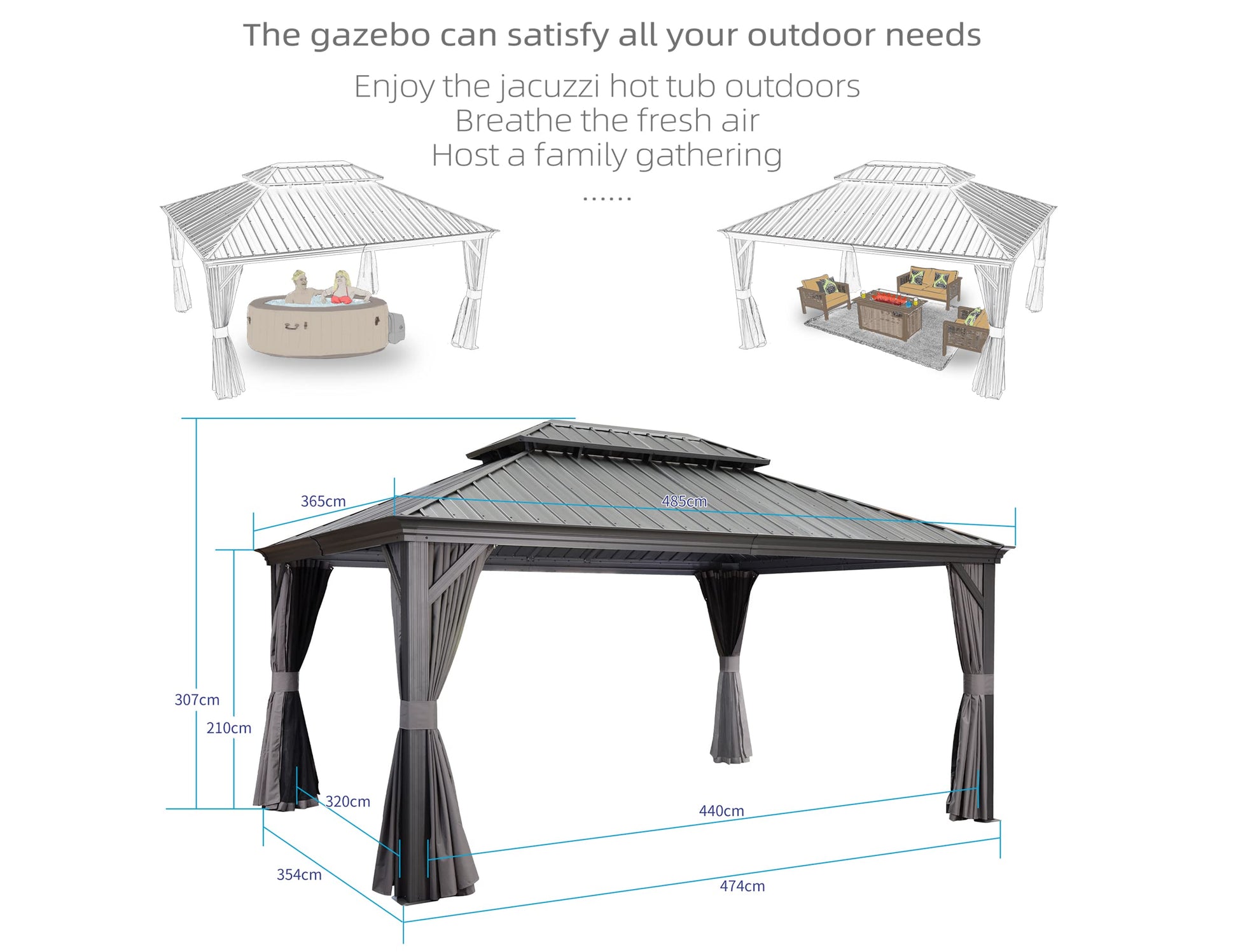 PURPLE LEAF Heavy Duty Garden Gazebo 3.65 x 4.85 m with Galvanised Steel Double Roof, Waterproof Metal Hardtop Gazebo with Side Curtain and Zipped Netting for All Weathers, Outdoor and Patio, Grey - image 5