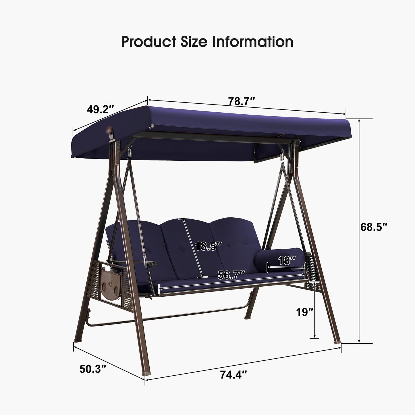 PURPLE LEAF 3-Seat Deluxe Outdoor Patio Porch Swing with Weather Resistant Steel Frame, Adjustable Tilt Canopy, Cushions and Pillow Included, Navy Blue - image 3