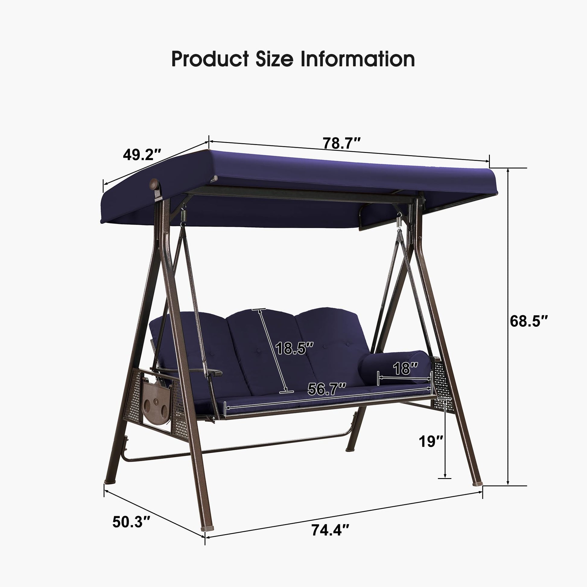PURPLE LEAF 3-Seat Deluxe Outdoor Patio Porch Swing with Weather Resistant Steel Frame, Adjustable Tilt Canopy, Cushions and Pillow Included, Navy Blue - image 3