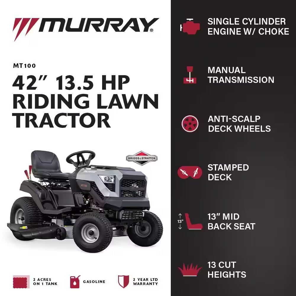 MT100 42 In. 13.5 HP 500Cc E1350 Series Briggs and Stratton Engine 6-Speed Manual Gas Riding Lawn Tractor Mower - image 2