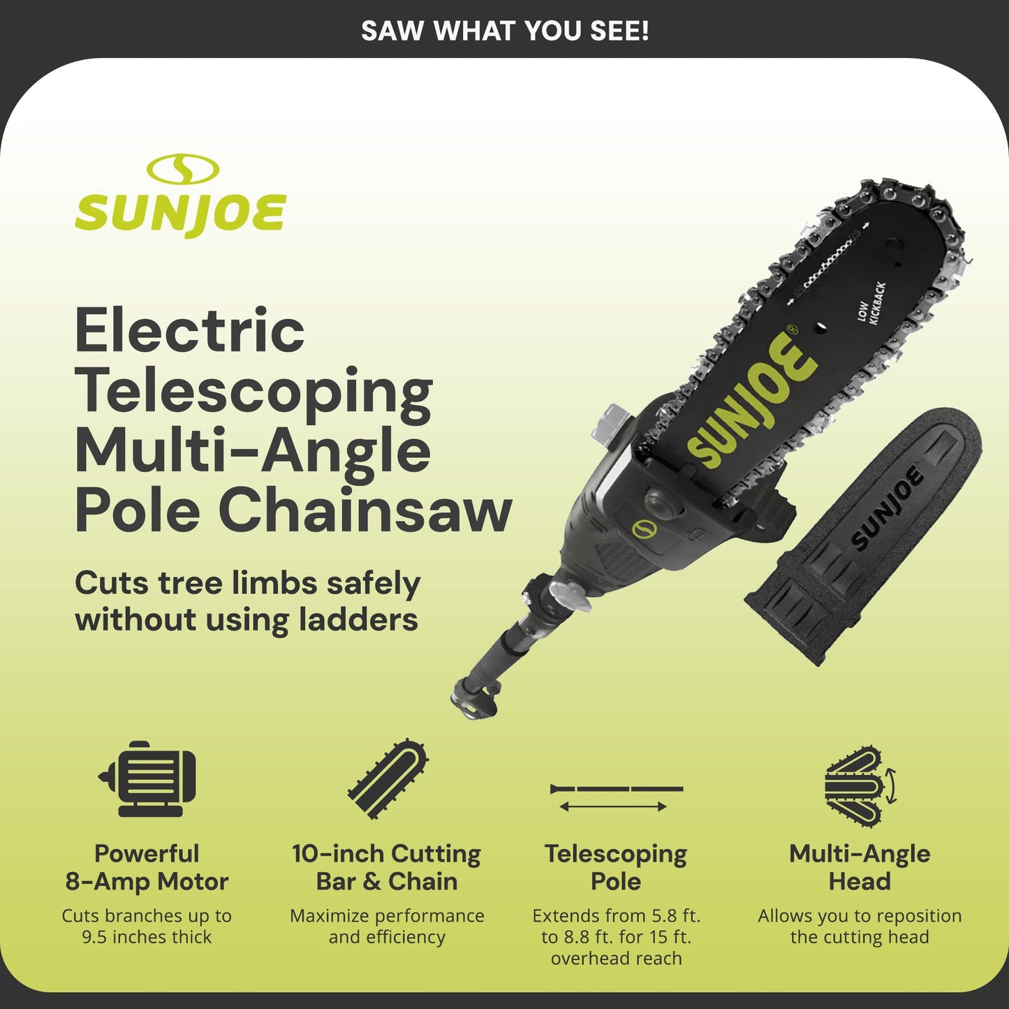 Sun Joe 10" Corded Electric  Pole Chainsaw w/ 14' Foot Reach & Multi Angle Head — image 2