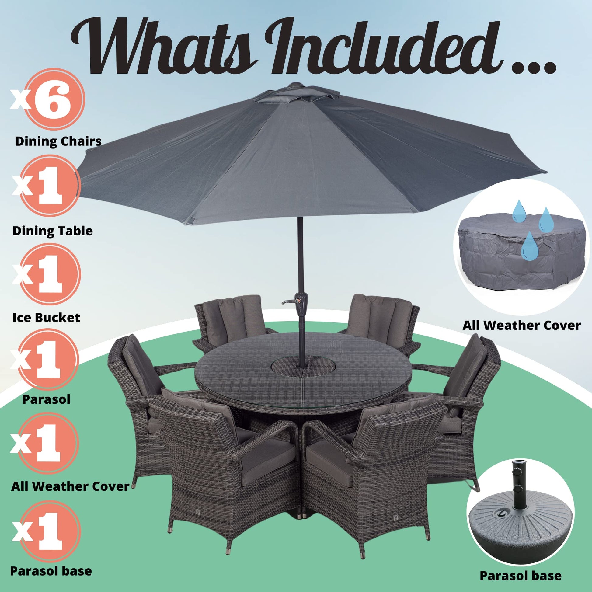 Arizona Luxury 6 Seater Grey Rattan Dining Set with Ice Bucket Drinks Cooler | Outdoor Poly Rattan Garden Table & Chairs Set with Parasol & Cover - image 7