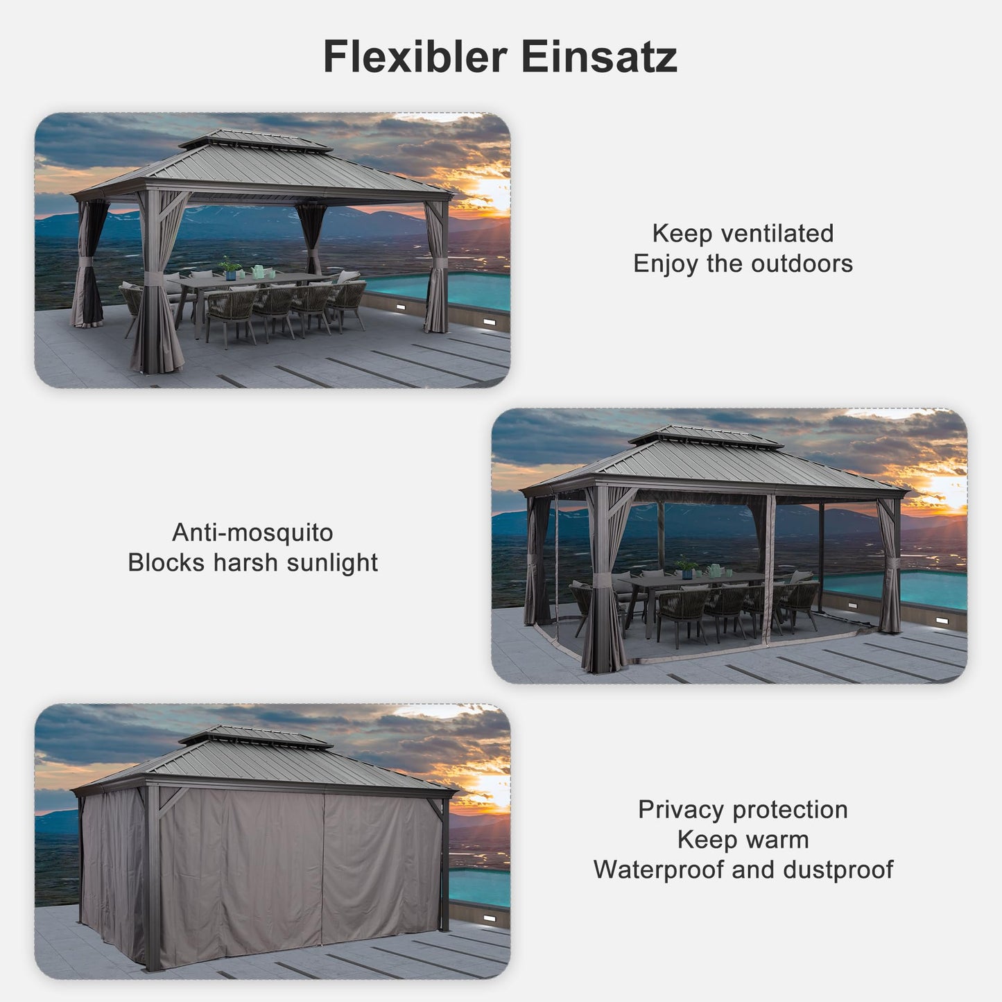 PURPLE LEAF Heavy Duty Garden Gazebo 3.65 x 4.85 m with Galvanised Steel Double Roof, Waterproof Metal Hardtop Gazebo with Side Curtain and Zipped Netting for All Weathers, Outdoor and Patio, Grey - image 7