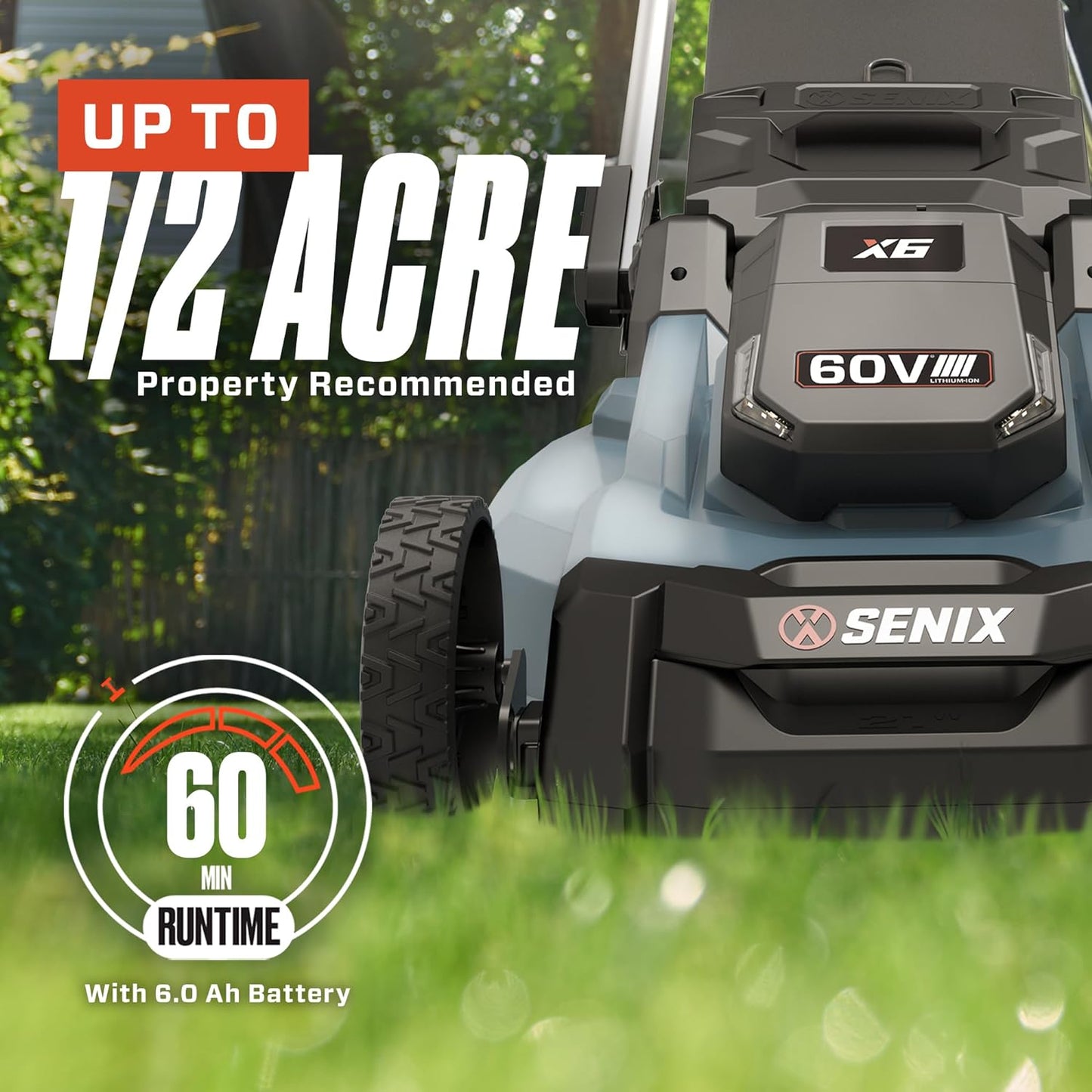SENIX X6 60 Volt Max* 21-Inch 3-in-1 Cordless Push Lawn Mower, with Bagging, Mulching, and Side Discharge, Height Adjustment, Smart Display, 6Ah Lithium-ion Battery & Charger Included (LPPX6-H) - image 5