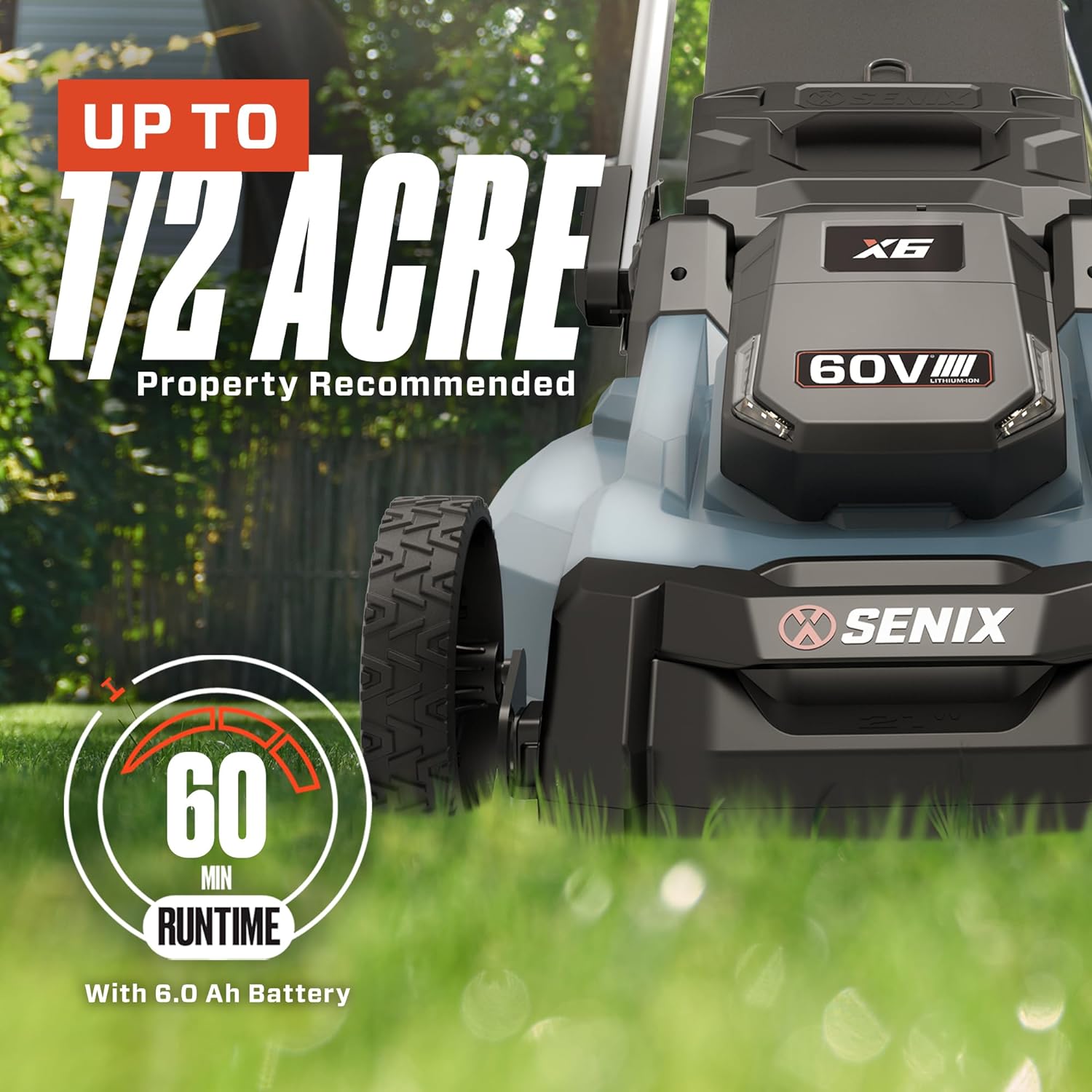 SENIX X6 60 Volt Max* 21-Inch 3-in-1 Cordless Push Lawn Mower, with Bagging, Mulching, and Side Discharge, Height Adjustment, Smart Display, 6Ah Lithium-ion Battery & Charger Included (LPPX6-H) - image 5