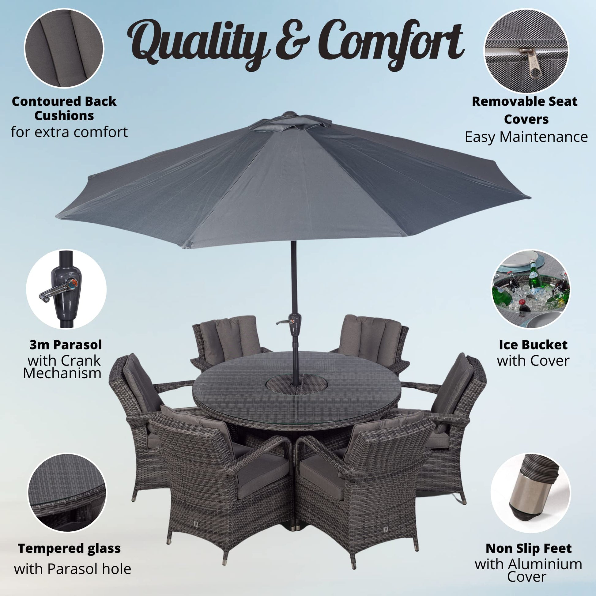 Arizona Luxury 6 Seater Grey Rattan Dining Set with Ice Bucket Drinks Cooler | Outdoor Poly Rattan Garden Table & Chairs Set with Parasol & Cover - image 9