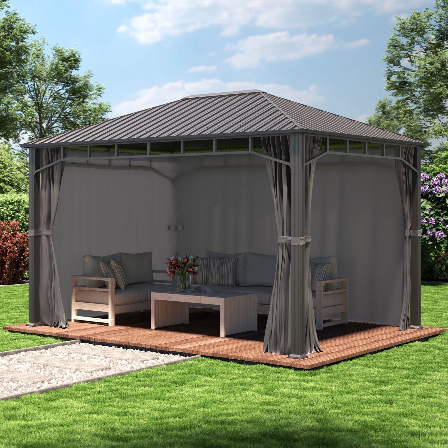 TOOLPORT Garden gazebo 3x4 m hardtop steel roof, 4 side panels in grey, poles 9x9cm - image 9