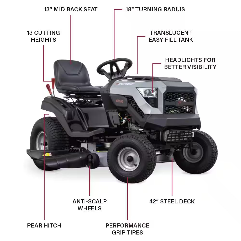 MT100 42 In. 13.5 HP 500Cc E1350 Series Briggs and Stratton Engine 6-Speed Manual Gas Riding Lawn Tractor Mower - image 5