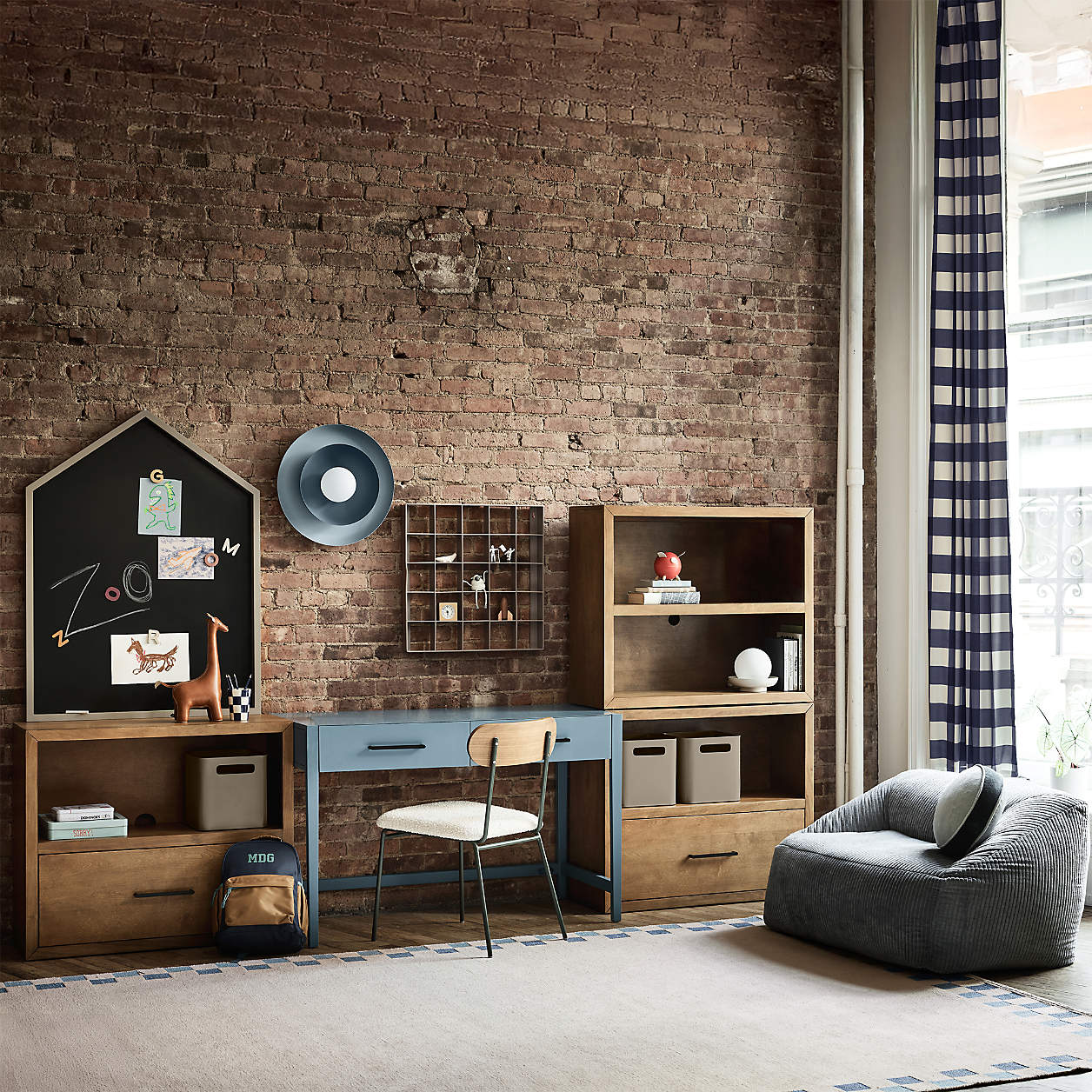 Navy Buffalo Check Organic Cotton Blackout Window Curtain Panel 44"x84"