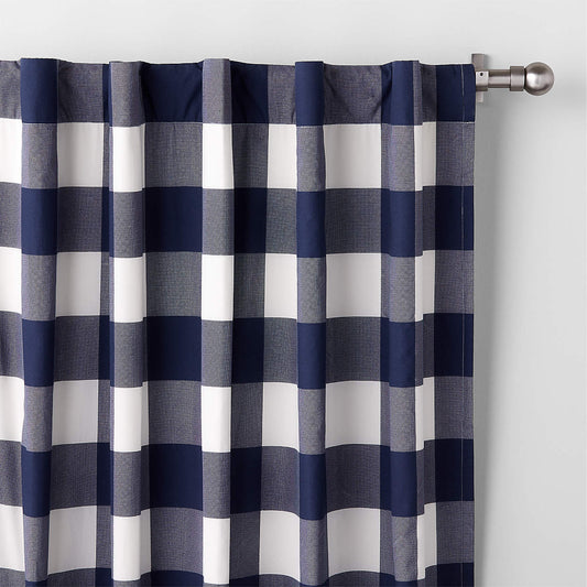 Navy Buffalo Check Organic Cotton Blackout Window Curtain Panel 44"x84"