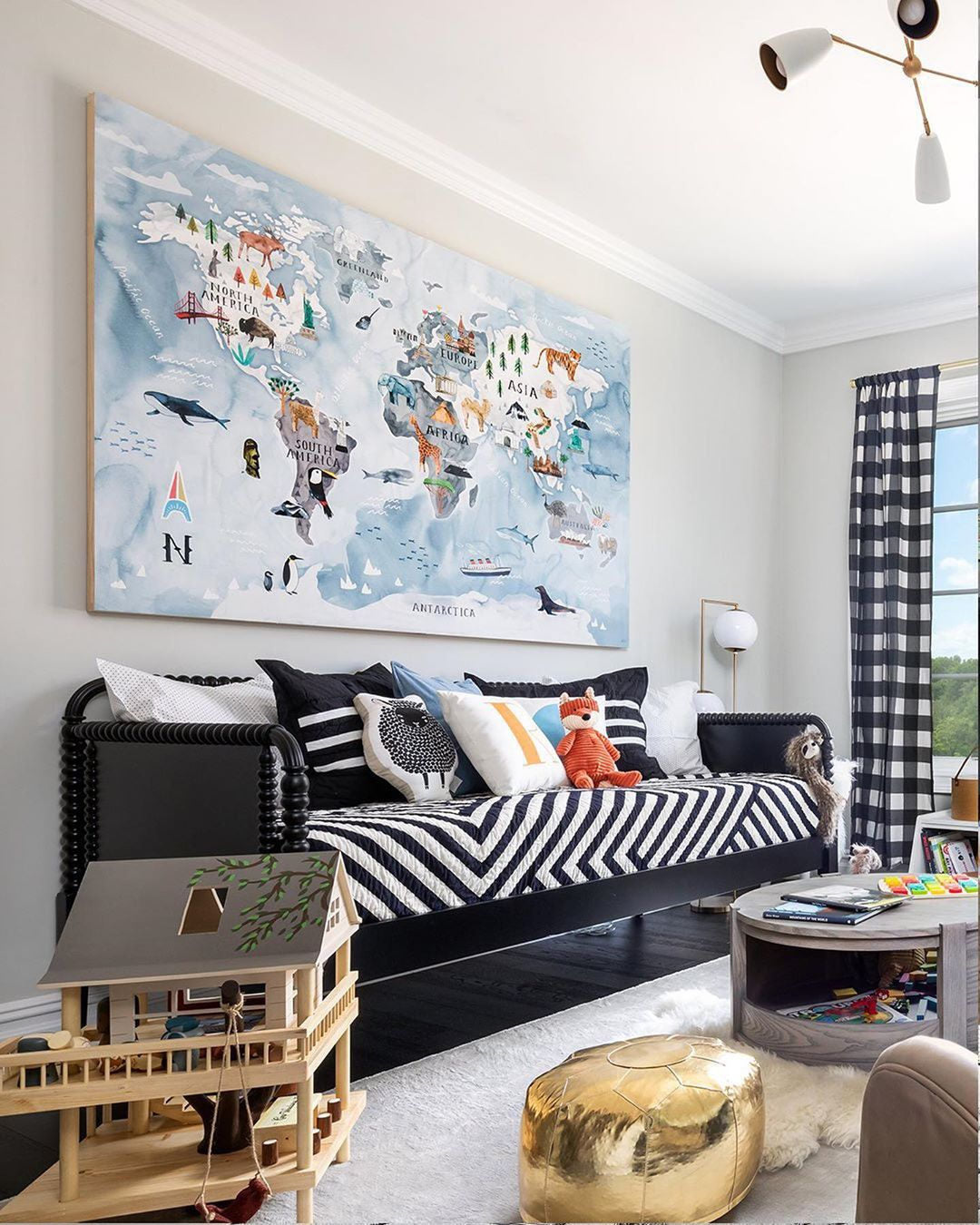 Navy Buffalo Check Organic Cotton Blackout Window Curtain Panel 44"x84"