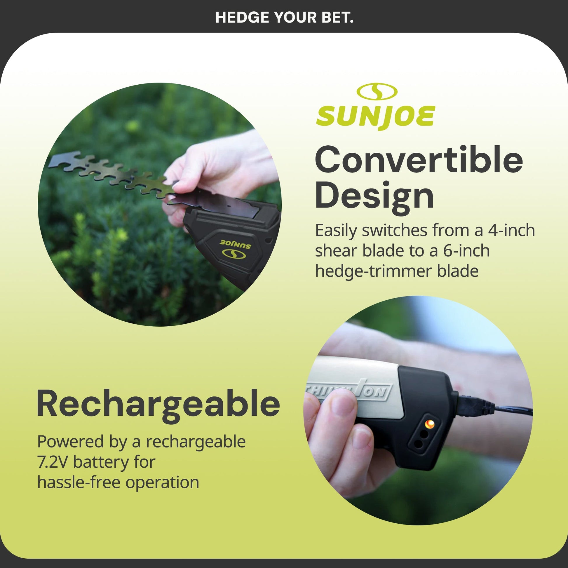 Sun Joe 2 in 1 Cordless Handheld Grass Shear and Hedge Trimmer, 7.2-Volt, Black — image 3
