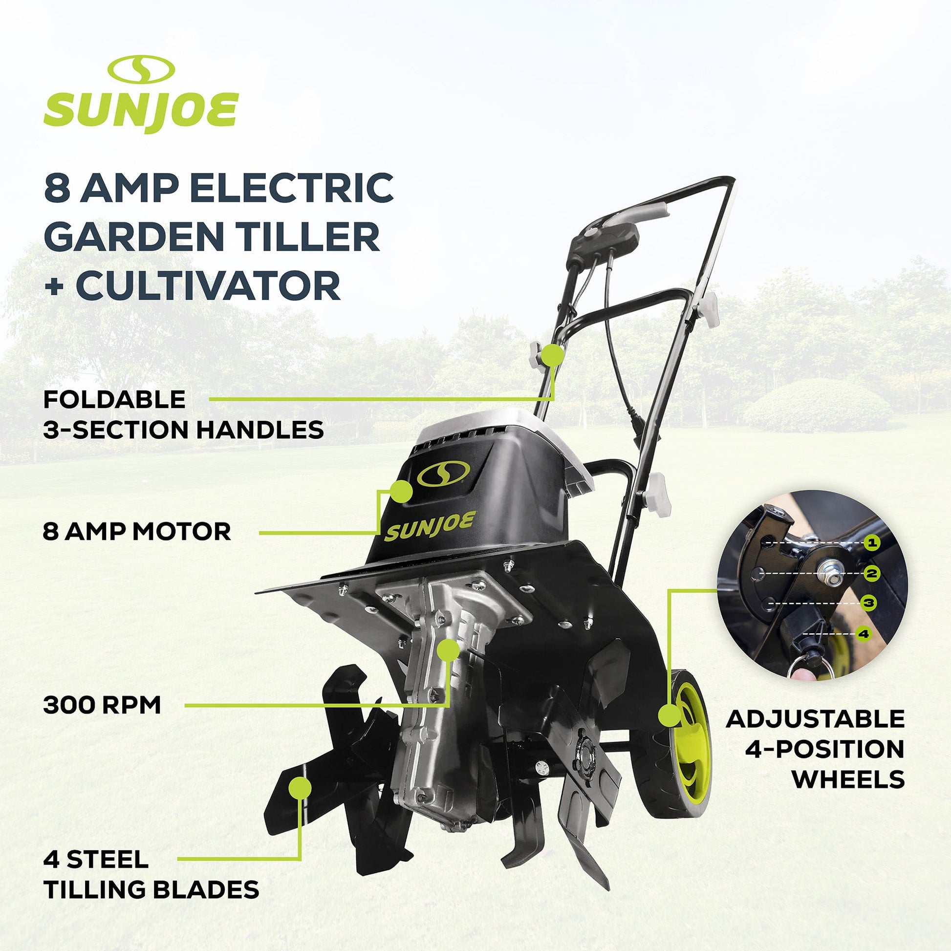 Sun Joe Electric Garden Tiller/Cultivator, 3 Position Height Adjustment, TJ602E — image 3