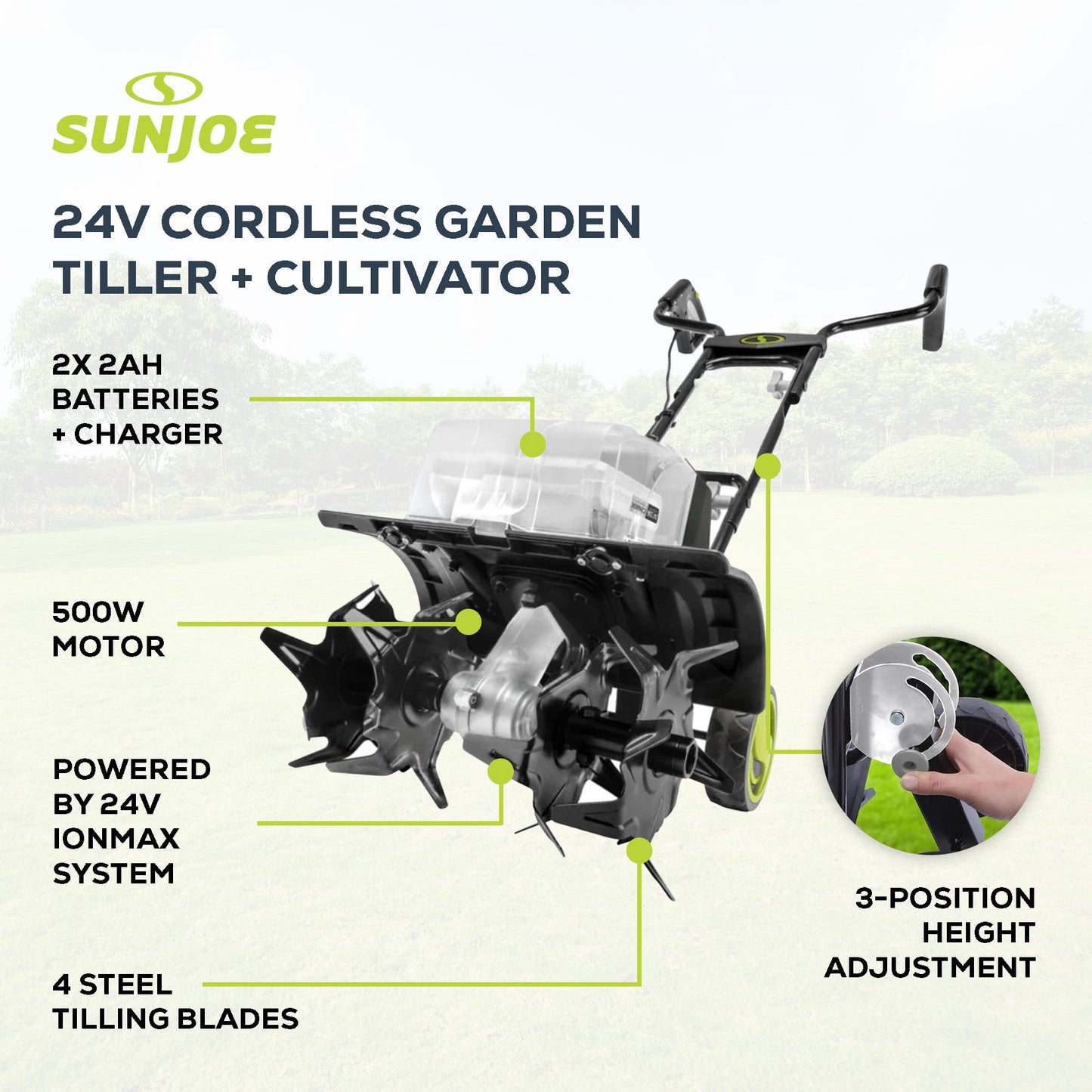 Sun Joe 24V Cordless Garden Tiller Cultivator Accessory Kit, Black, 24V-X2-TLR14 — image 3