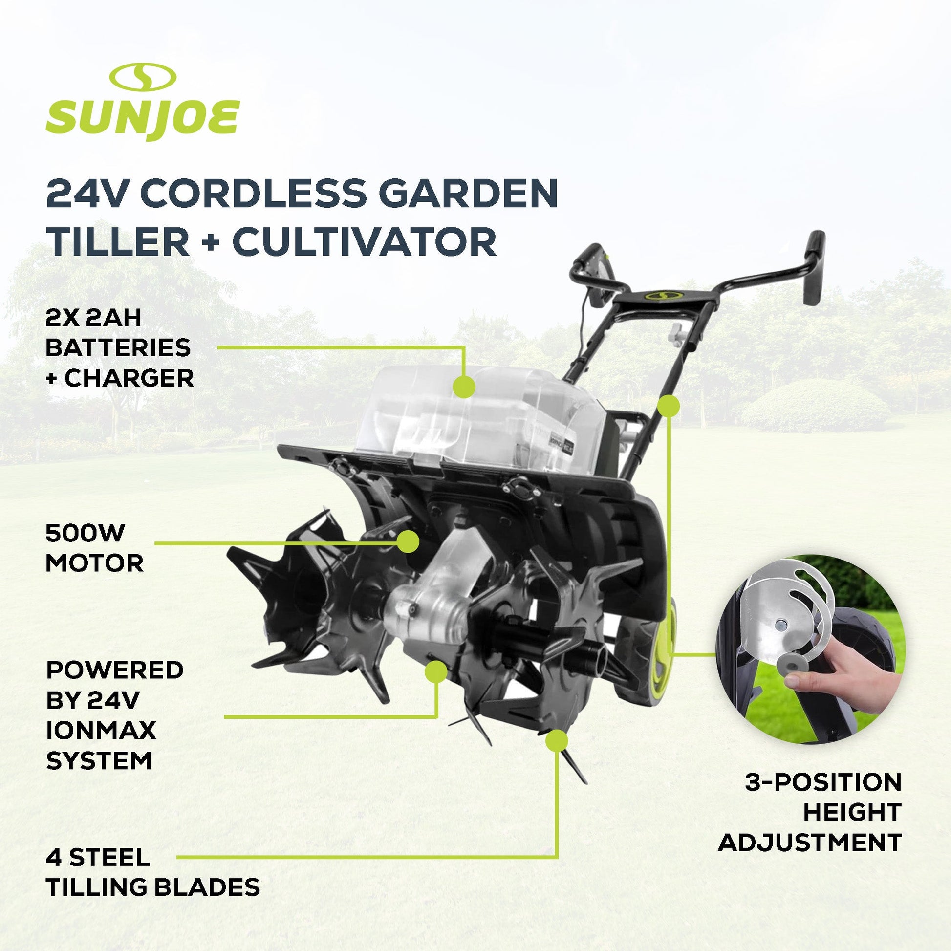 Sun Joe 24V Cordless Garden Tiller Cultivator Accessory Kit, Black, 24V-X2-TLR14 — image 3