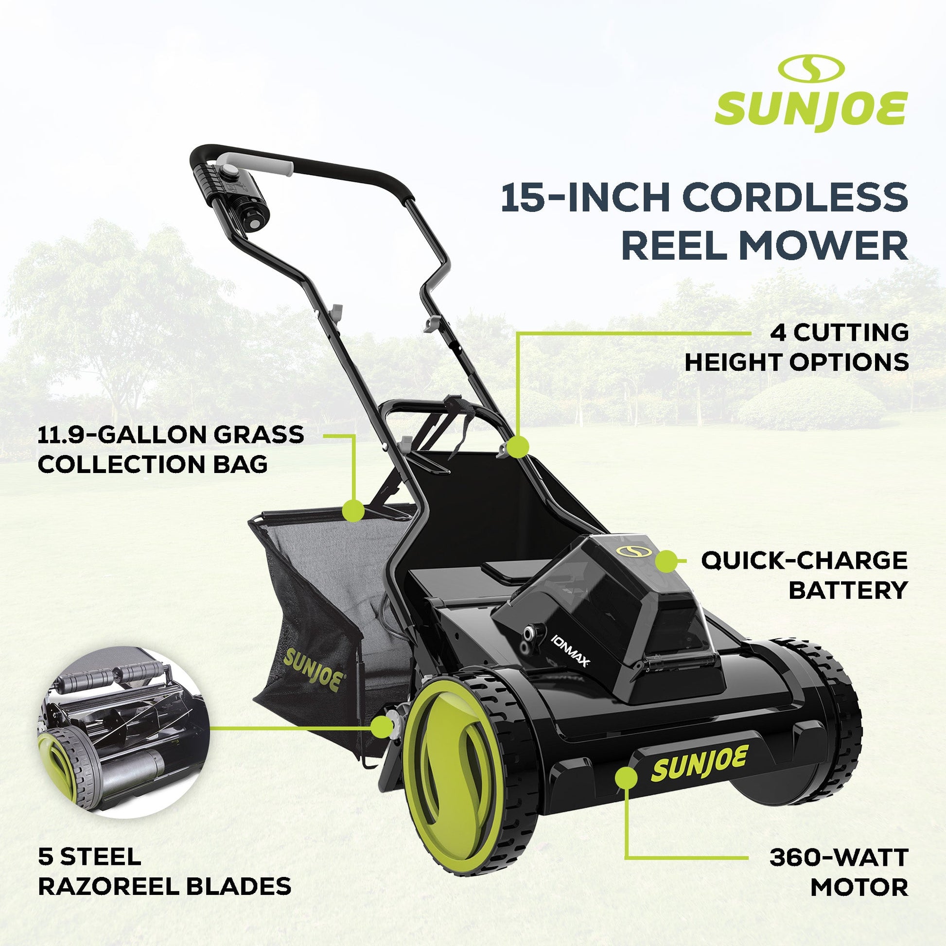 Sun Joe Cordless Push Reel Mower, 15” Yard Trimmer w/ Collection Bag, 24V-CRLM15 — image 4