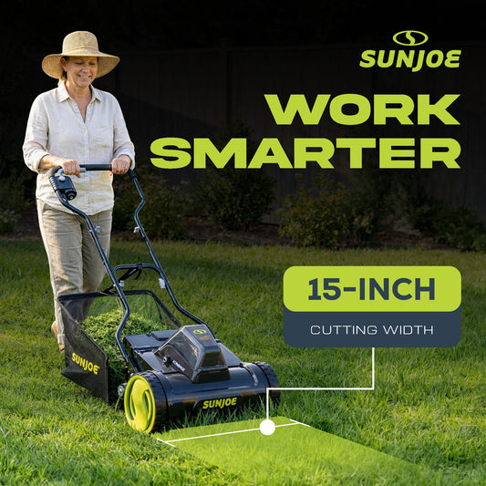 Sun Joe Cordless Push Reel Mower, 15” Yard Trimmer w/ Collection Bag, 24V-CRLM15 — image 2