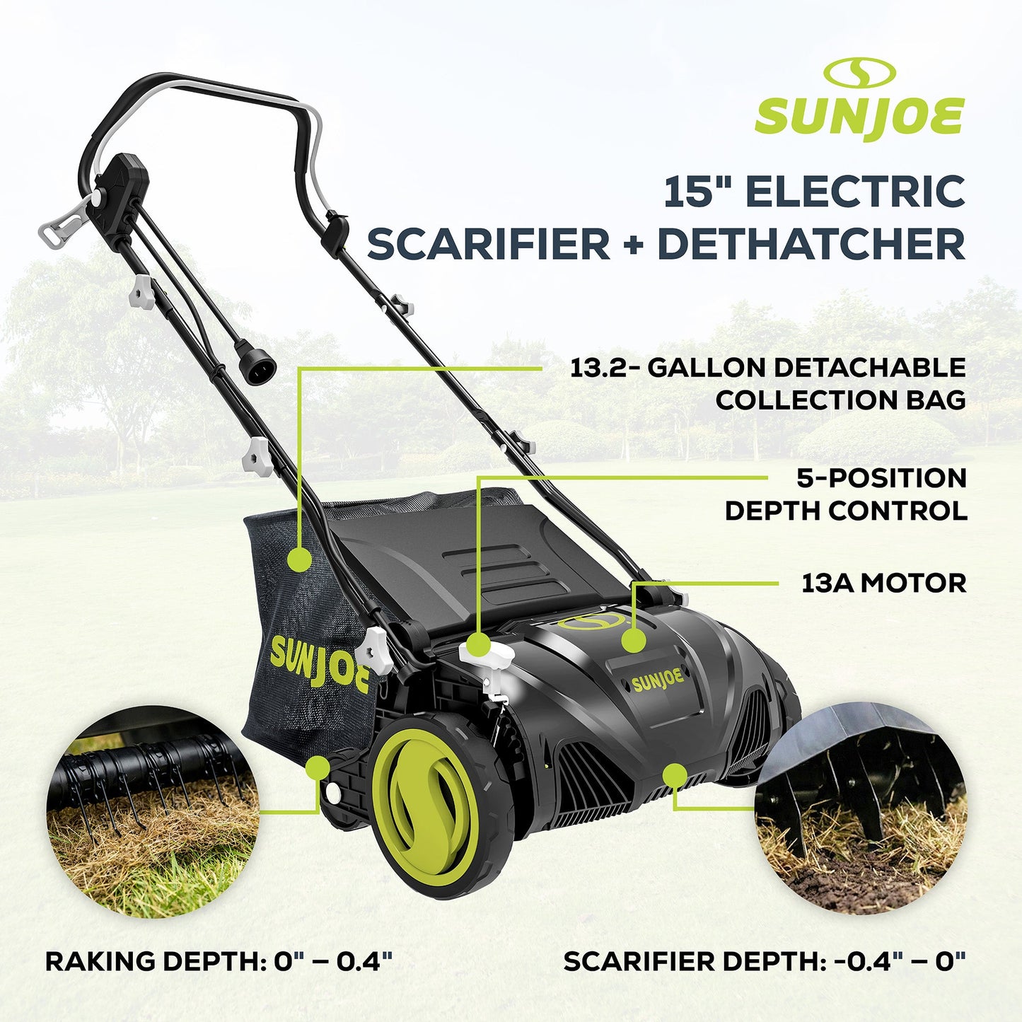 Sun Joe 15" Electric Dethatcher Scarifier with 13.2 Gallon Bag, 13 Amp, AJ805E — image 3