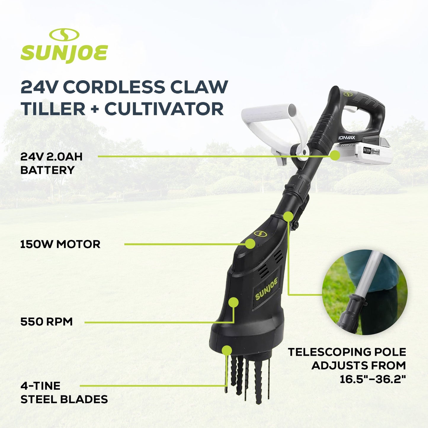 Sun Joe 24V Claw Tiller and Cultivator for Small Scale Gardening, 24V-CTLR-LTE — image 3