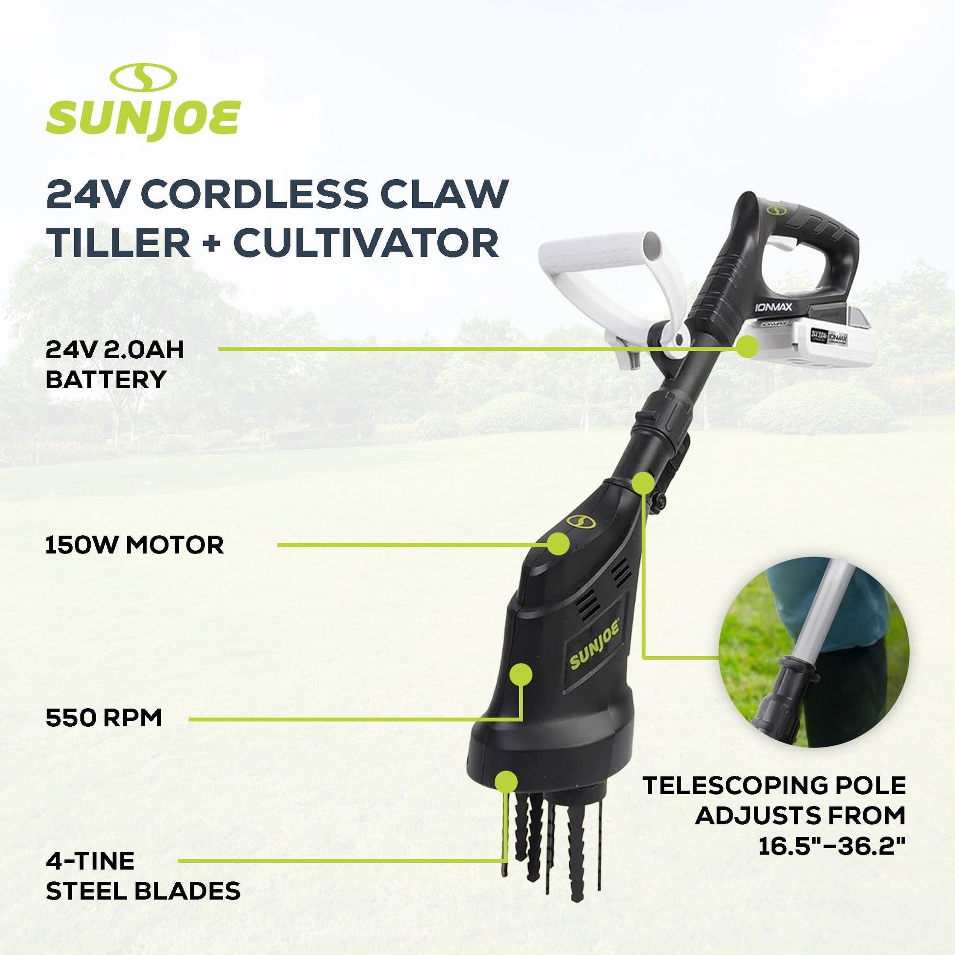 Sun Joe 24V Claw Tiller and Cultivator for Small Scale Gardening, 24V-CTLR-LTE — image 3