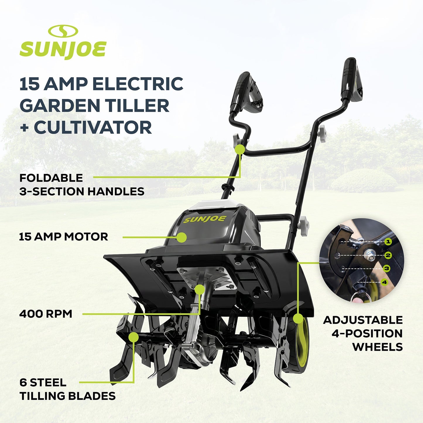 Sun Joe Electric Garden Tiller Cultivator, Steel Tines, 15 Amp, 15.7", TJ605E — image 3