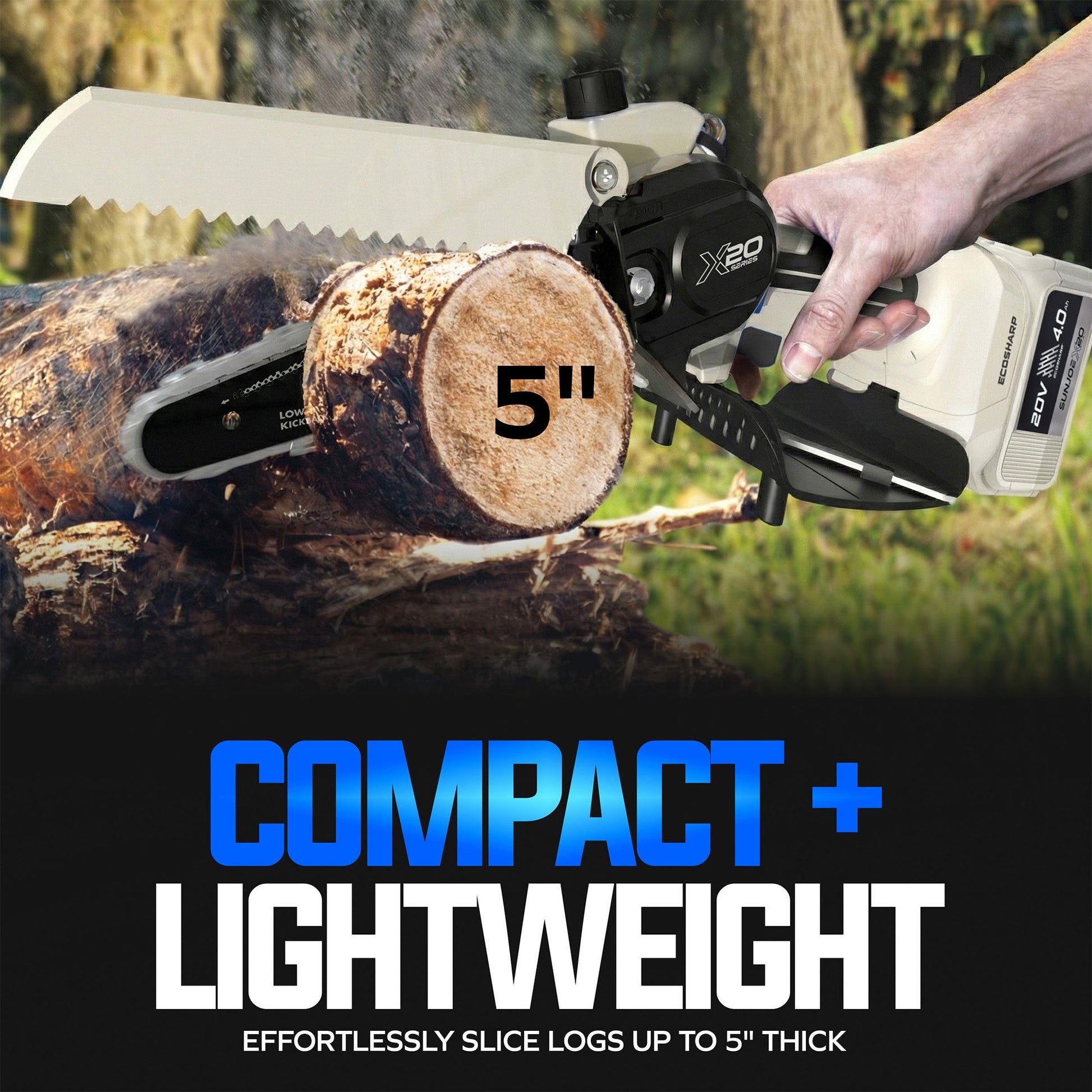 Sun Joe 20V ECOSHARP UL Certified Cordless Mini Chainsaw, 6-Inch Self-Lubricating Handheld Chainsaw with Safety Lock Button & Saw Guard, 4000mAh Battery & Charger, Tree Trimming, Black, X20-SAW-4A-BLK — image 4