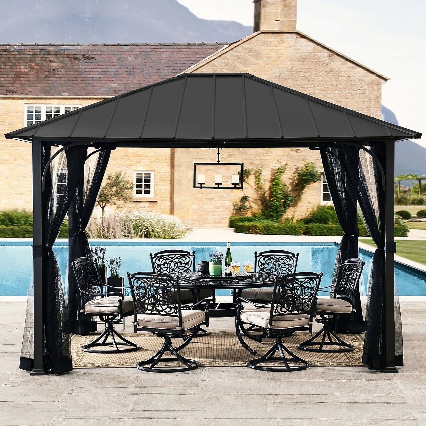 Sunjoy Hildreth 11 x 13 Foot Screened Gazebo Canopy Outdoor Pergola Tent, Black — image 4