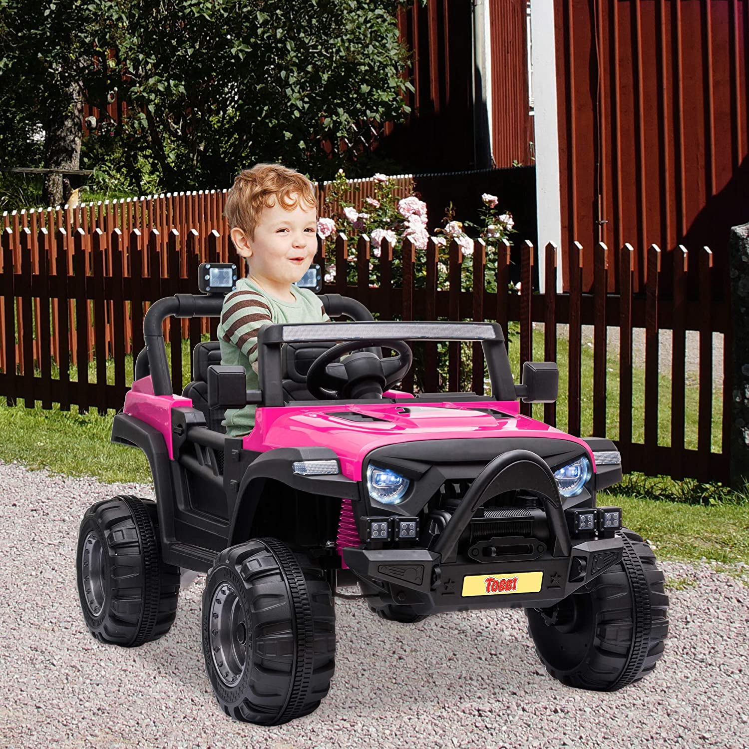 TOBBI 12 Volt Electric Remote Control Kids Toy Ride On Truck, Rose Red — image 9