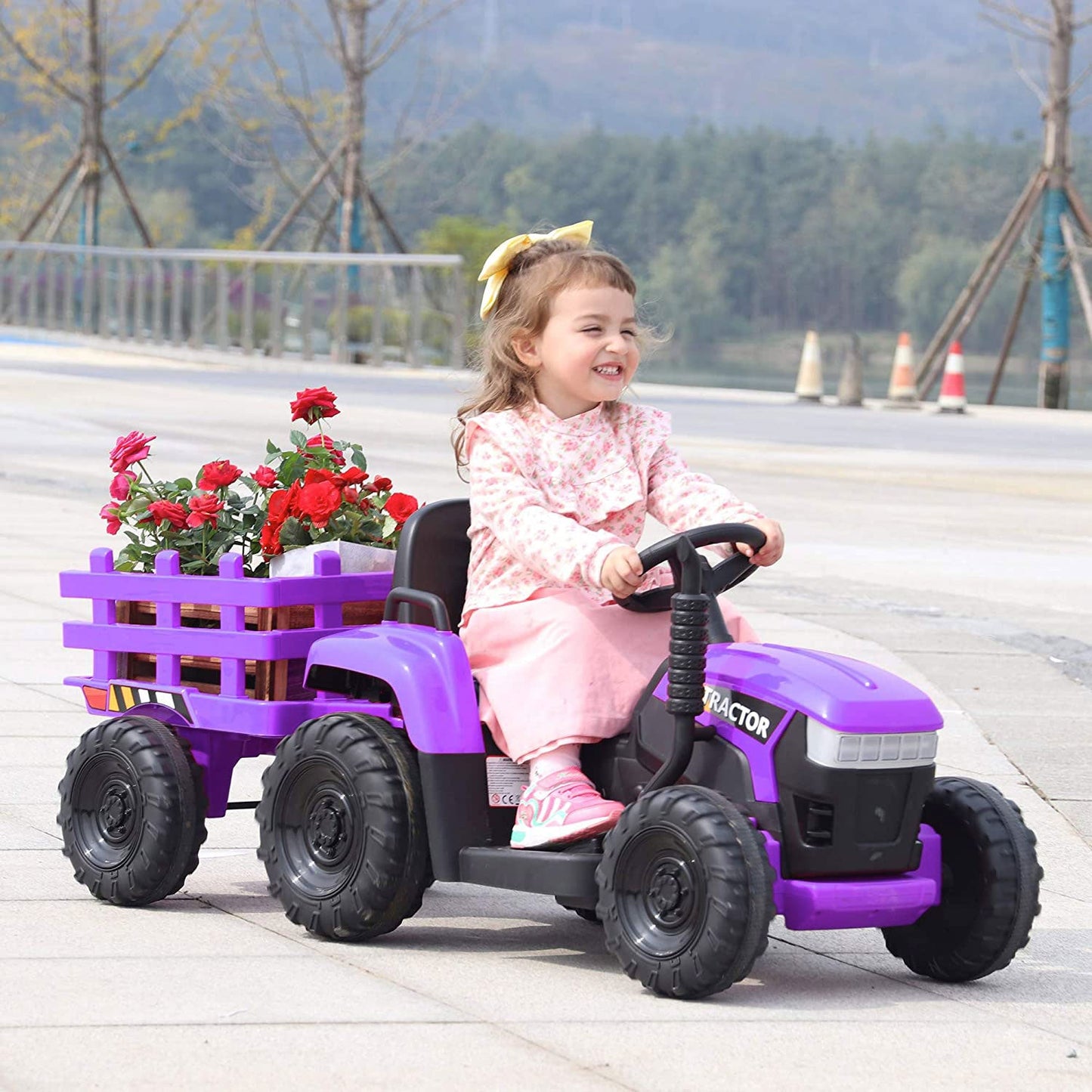 TOBBI 12V Kids Electric Battery-Powered Ride On Toy Tractor w/ Trailer, Purple — image 3