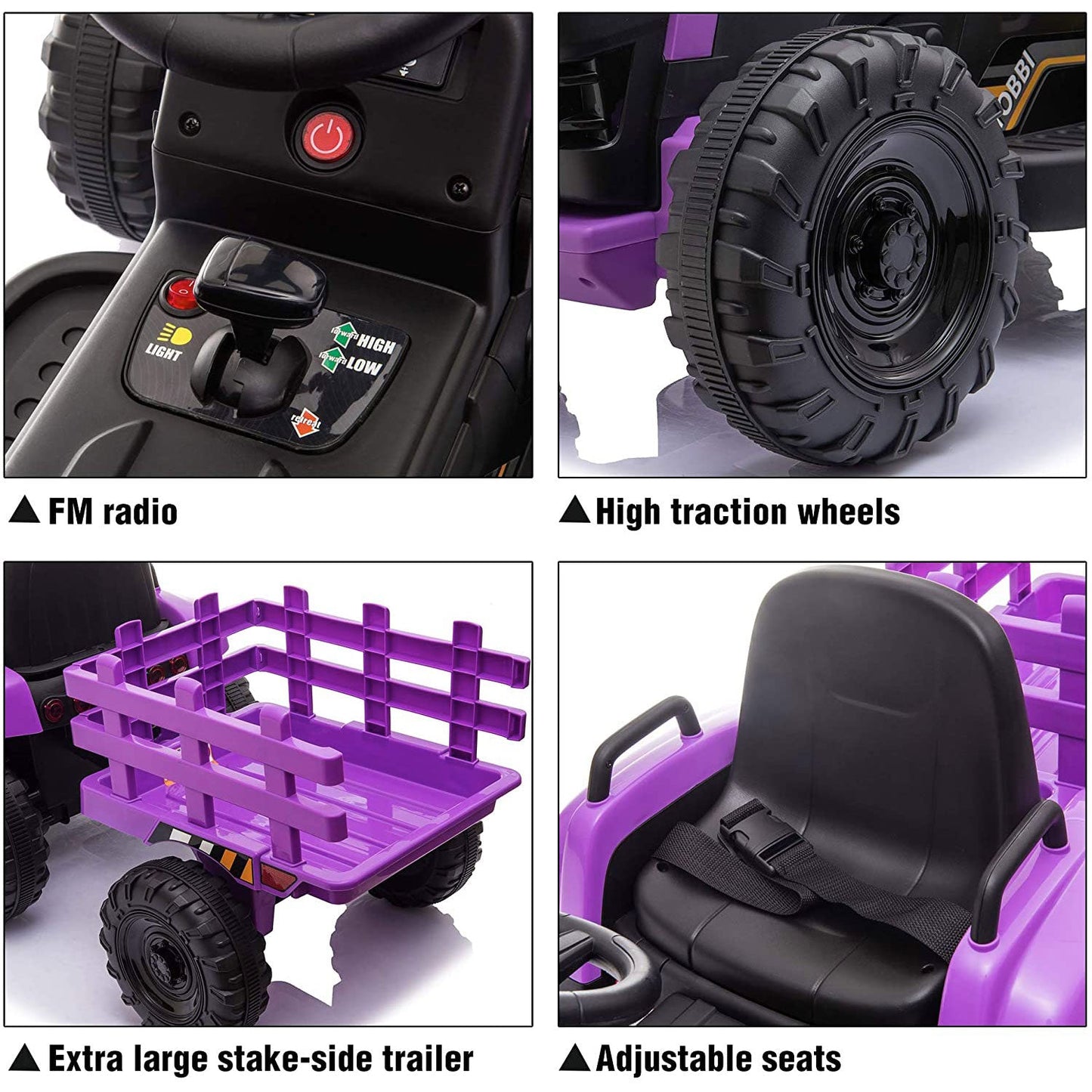 TOBBI 12V Kids Electric Battery-Powered Ride On Toy Tractor w/ Trailer, Purple — image 4