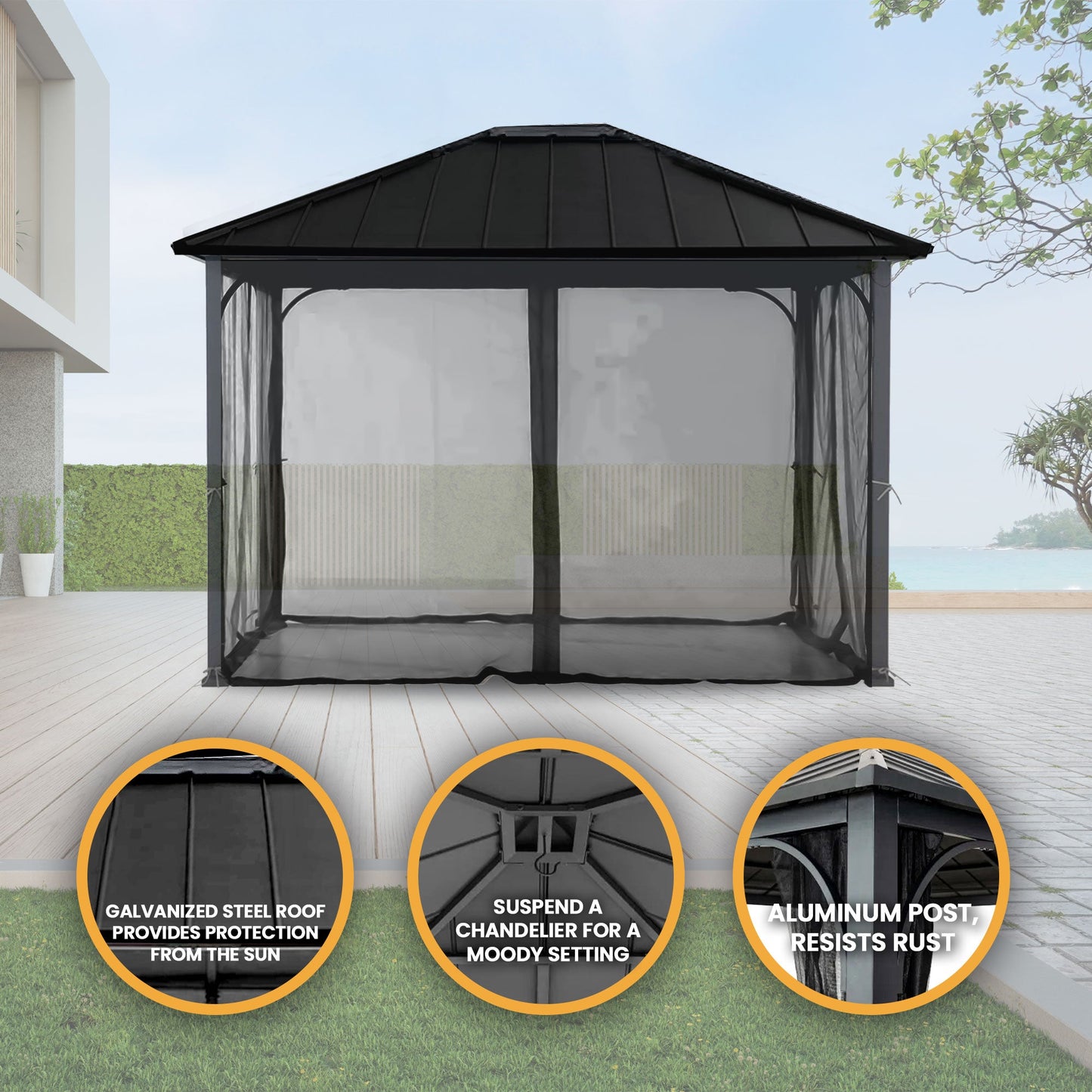 Sunjoy Hildreth 11 x 13 Foot Screened Gazebo Canopy Outdoor Pergola Tent, Black — image 2