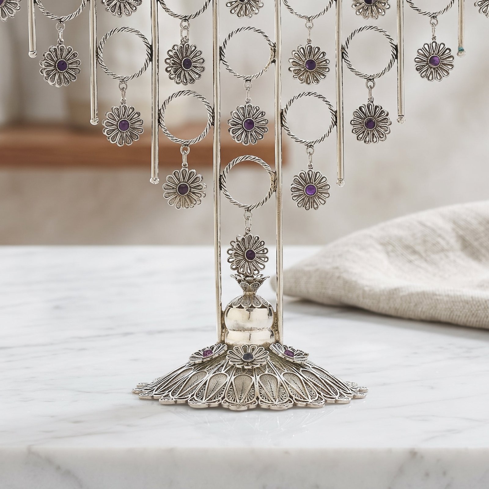 Big Yemenite Filigree Menorah with Crystals - Image 2
