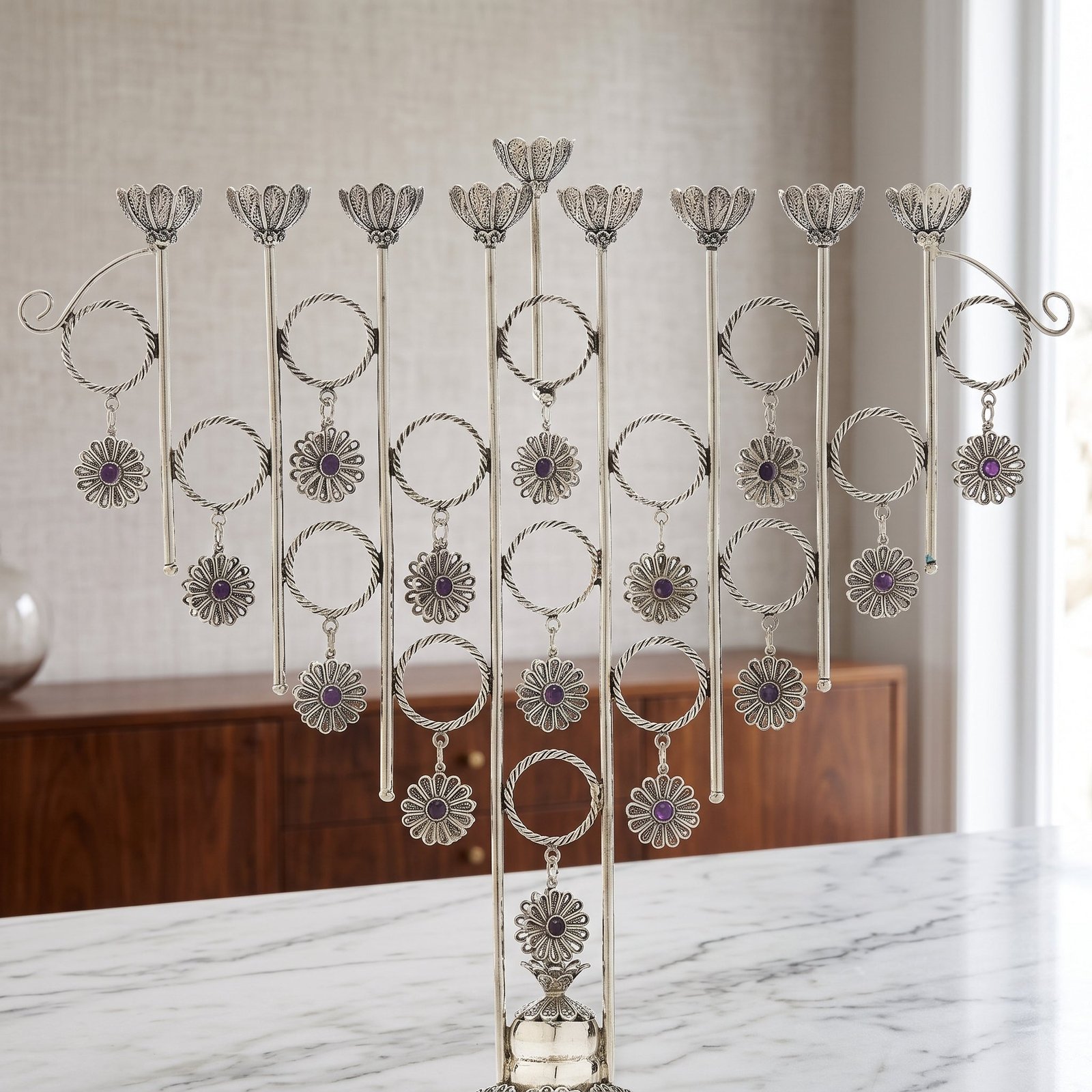 Big Yemenite Filigree Menorah with Crystals - Image 3