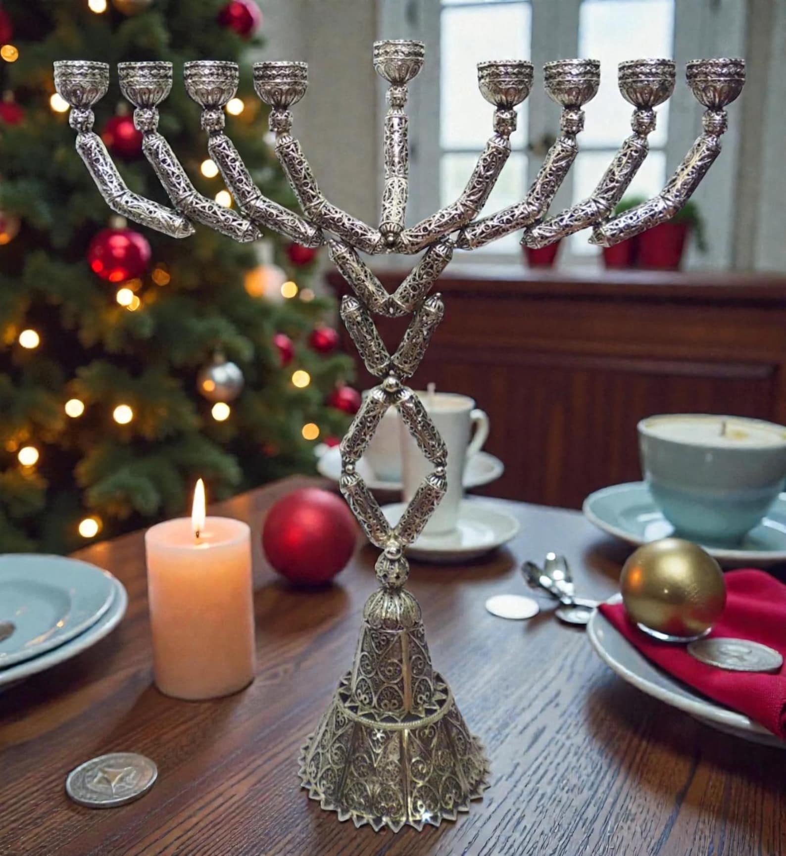 Sterling Silver Yemenite Filigree Big Menorah Handcrafted Judaica - Image 7
