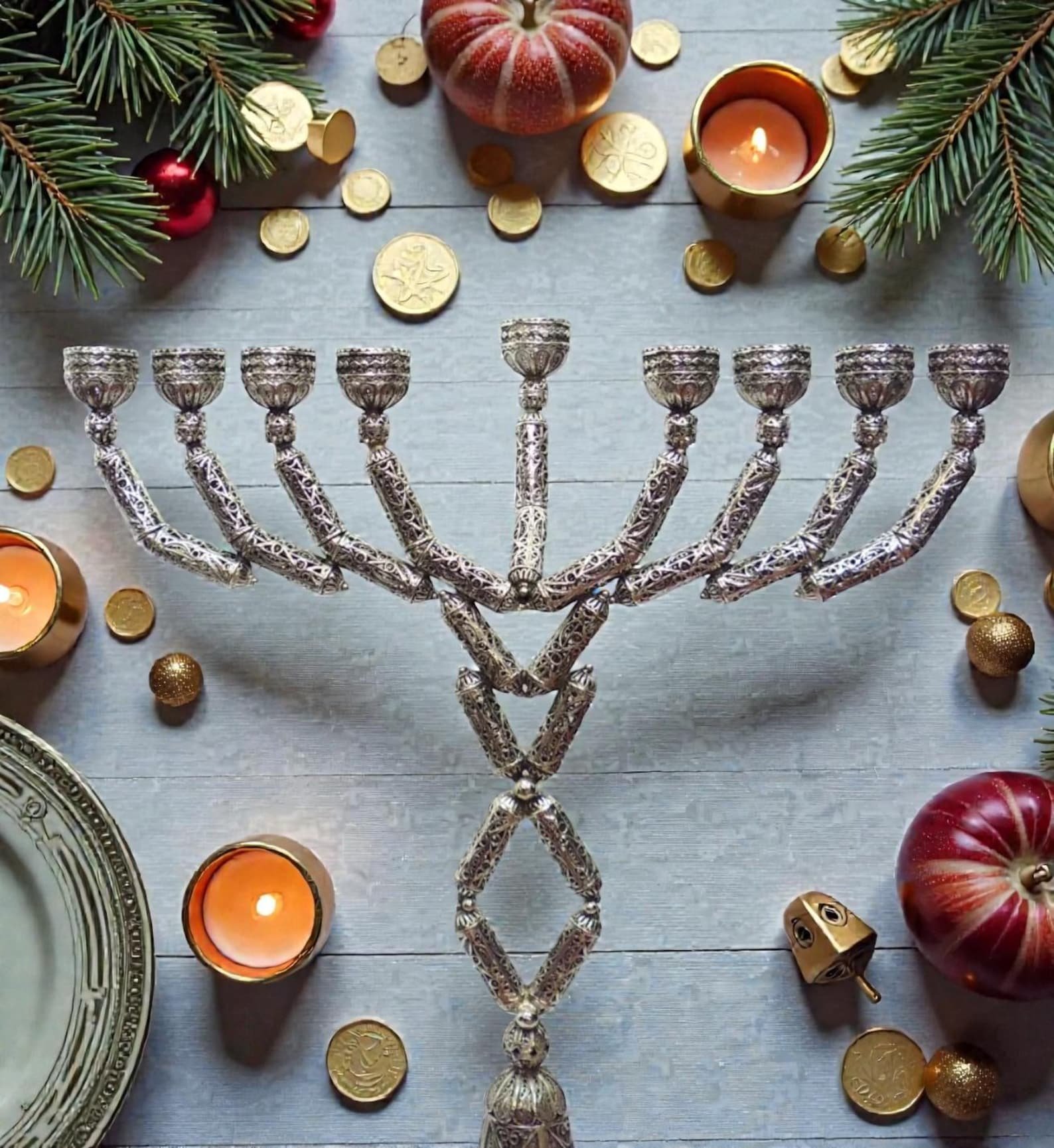 Sterling Silver Yemenite Filigree Big Menorah Handcrafted Judaica - Image 5