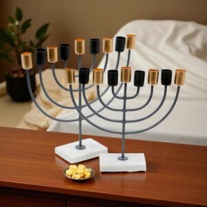 White Marble Menorah with Black & Gold Accents