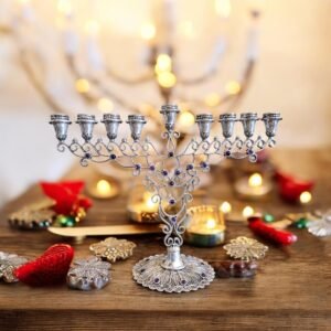 Handmade Silver Filigree Menorah with Amethyst Stones